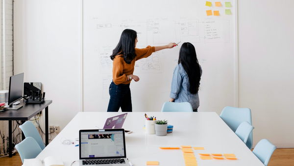 Kolleginnen erarbeiten ein Konzept am Whiteboard Kolleginnen erarbeiten ein Konzept am Whiteboard